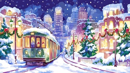 Obraz premium Snowy Cityscape Christmas Tram Ride Winter Scene