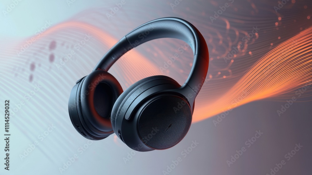 Poster black wireless headphones displayed with abstract wave patterns in a modern setting showcasing styli
