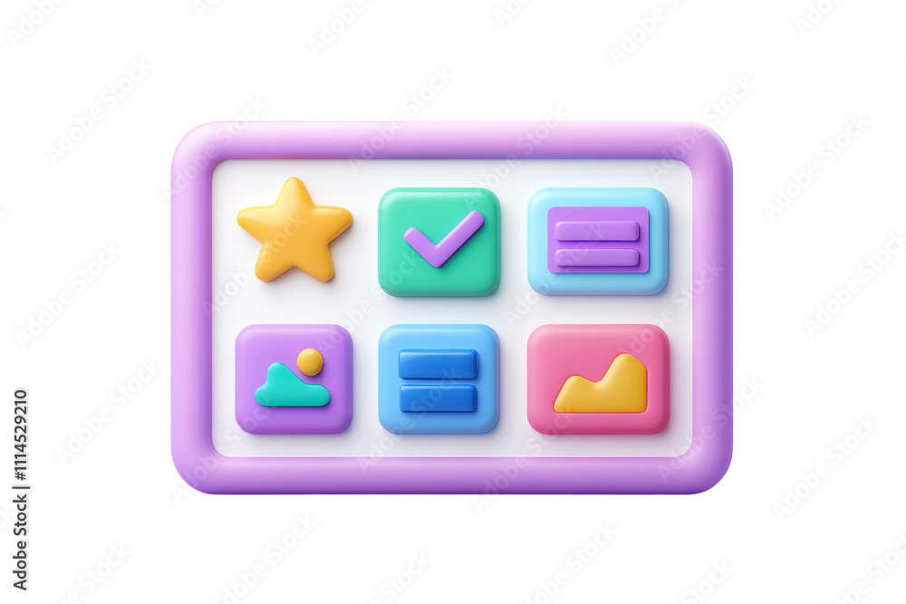 Poster a colorful, playful button panel featuring various icons including a star, checkmark, and graphs, de