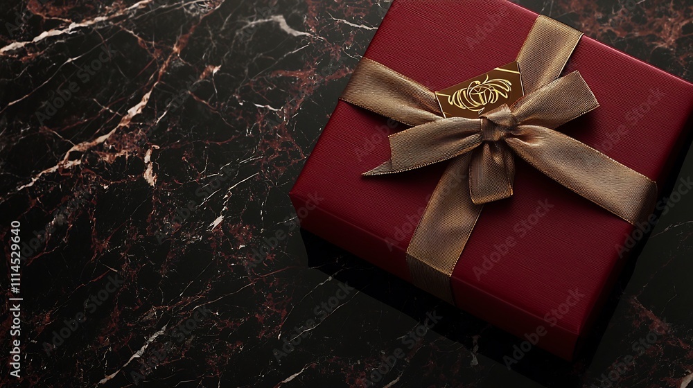 Poster elegant and sophisticated deep red square gift box with a golden embossed logo tied with a thick gol