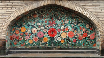 Arched Brick Niche Mosaic Floral Design