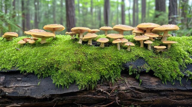 Fallen logs covered in bright green moss lie on the forest floor in a dense pine forest overgrown with small mushrooms, background AI generated image