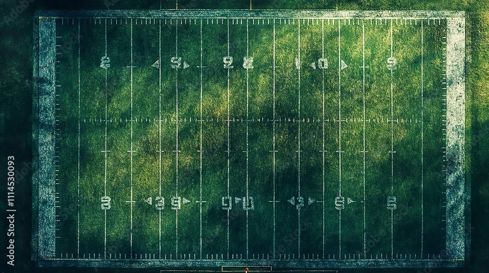 Poster a field view from above, showing the markings of a football field in perfect symmetry.
