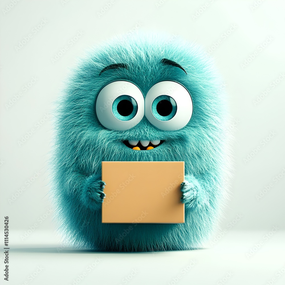 Poster a captivating 3d rendered animated creature with an endearing playful demeanor clutching a basic squ