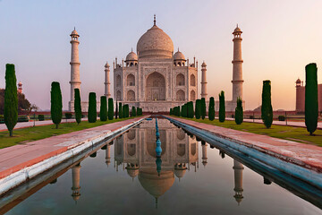 Obraz premium View over the Taj Mahal with its reflection in the water in Agra, India