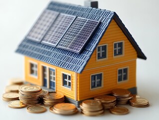 Model House with Solar Panels and Coins