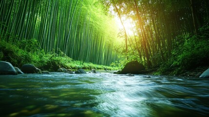 Fototapeta premium The river flows through a lush and cool green bamboo forest, background wallpaper AI generated image