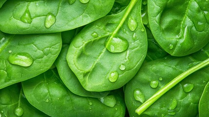 Fototapeta premium Fresh spinach leaves glistening with water droplets, showcasing their vibrant green color and healthy texture.