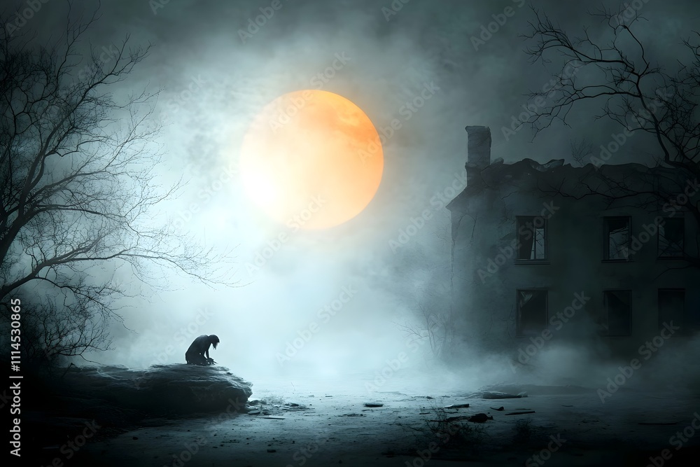Poster a sinister looking demon or monster lurks in the shadows of an abandoned dilapidated house with a fu