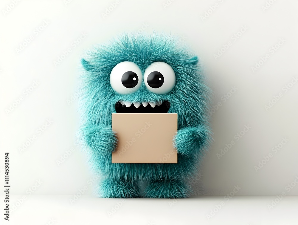 Poster whimsical and expressive 3d rendered anthropomorphic creature character firmly grasping an unbranded