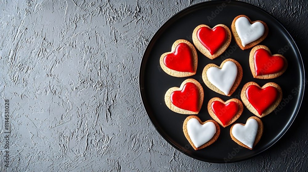 Poster minimalist heart shaped christmas cookies with red and white icing arranged in a circular pattern on