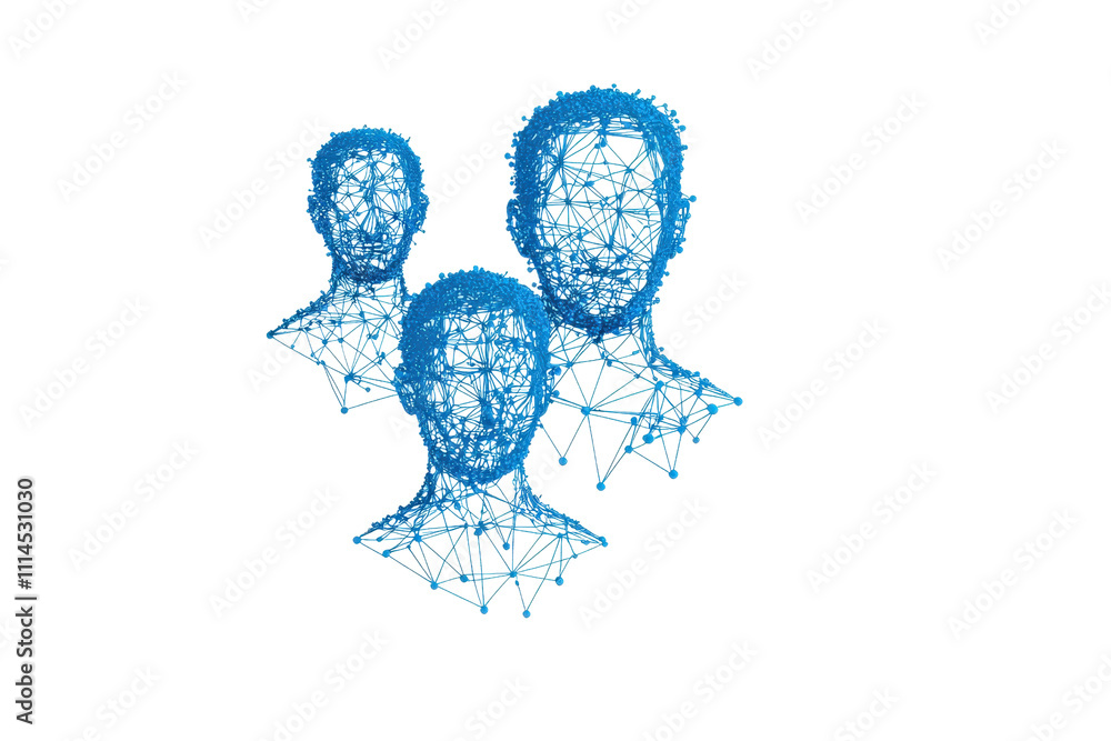 Poster a digital representation of three abstract human faces composed of interconnected lines and points, 