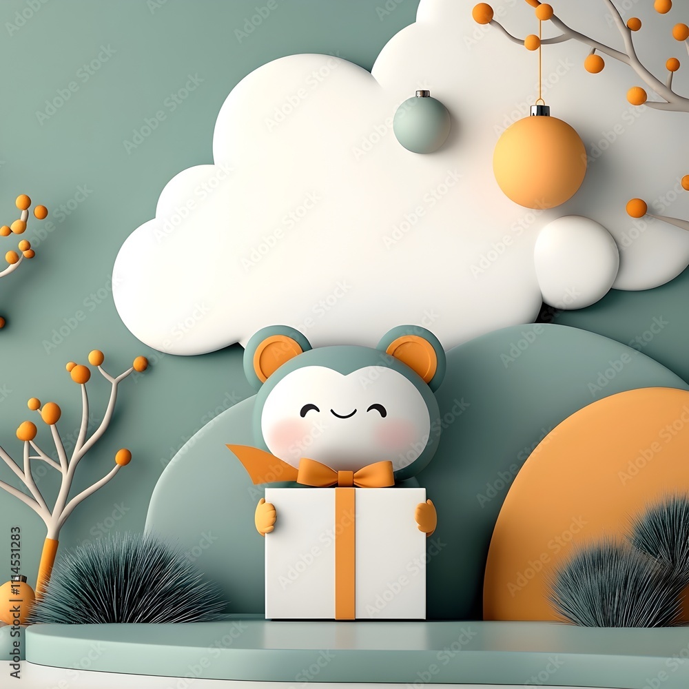 Poster cute and whimsical 3d rendered of a cartoon animal character holding a rectangular paper gift box wi