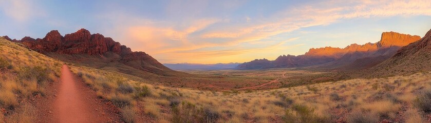 Fototapeta premium A panoramic landscape image showcasing a serene desert scene with mountains under a colorful sunset sky.