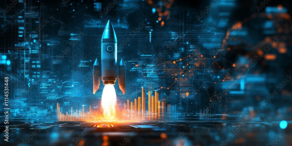 Poster this stunning digital visualization of a rocket launch set against a backdrop of business graphs ser