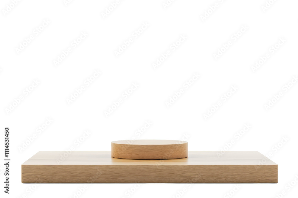 Poster a minimalist wooden platform with a cylindrical object centered on top, highlighting a simple yet el