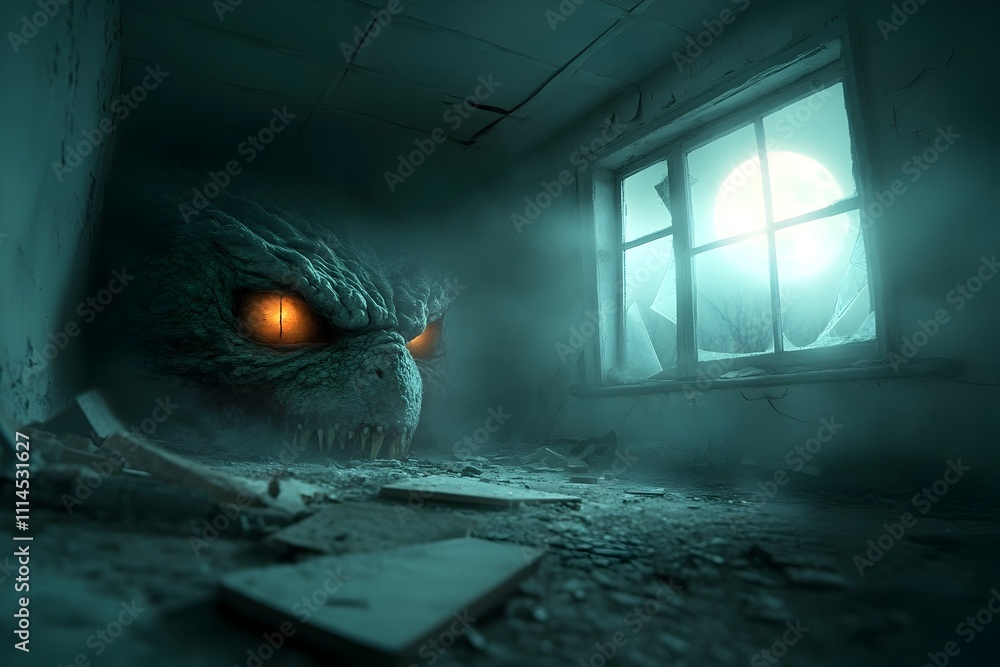 Poster sinister demonic or monstrous entity lurking in the shadows of an abandoned dilapidated house with a