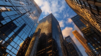 Fototapeta premium Low-angle view of skyscrapers reflecting sunset.