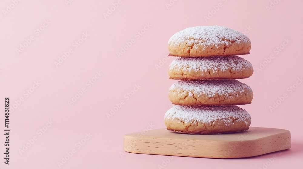 Poster minimalistic and clean photograph showcasing stacked round ginger cookies topped with powdered sugar