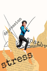 Vertical photo collage of astonished girl run tet fire imitation stress depression apathy mood...