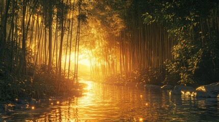 Obraz premium The golden sunset casts a warm glow through the dense bamboo forest, with sparkling rivers, background wallpaper AI generated image