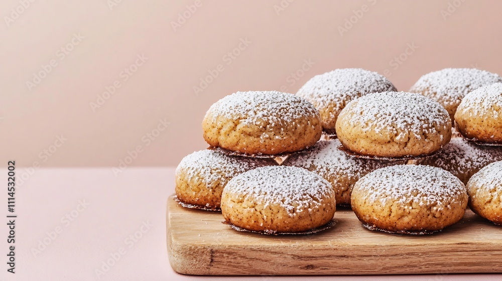 Poster minimalist photograph showcasing a stack of rounded ginger cookies topped with powdered sugar placed
