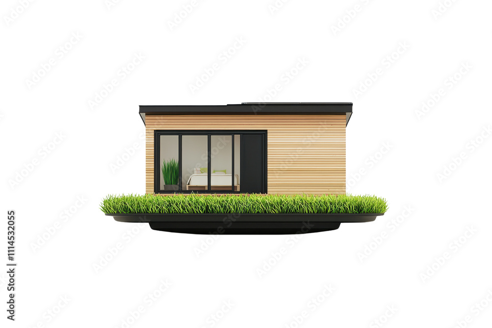 Poster a modern wooden house with large windows and a small patch of greenery in front.
