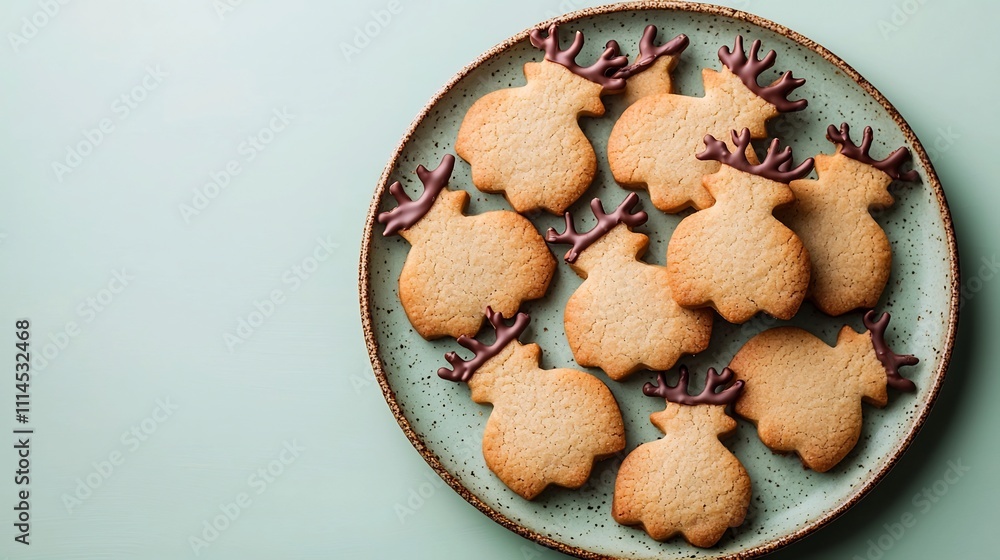 Poster neatly arranged reindeer shaped cookies with chocolate details placed on a stoneware plate against a