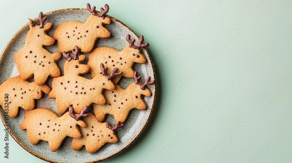 Poster neatly arranged reindeer shaped cookies with delicate chocolate details placed on a soft pastel gree