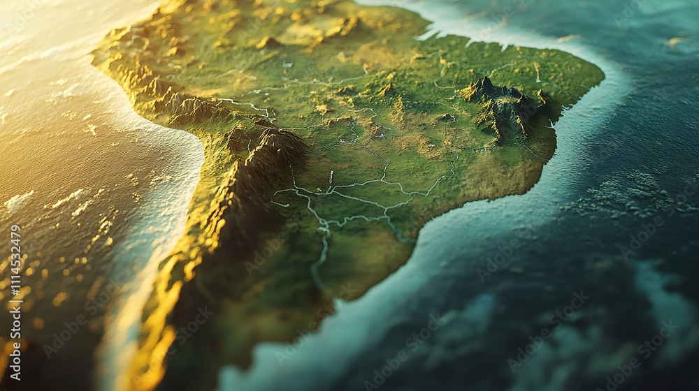 Poster a dynamic map of brazil animated with geographical features and climate zones.