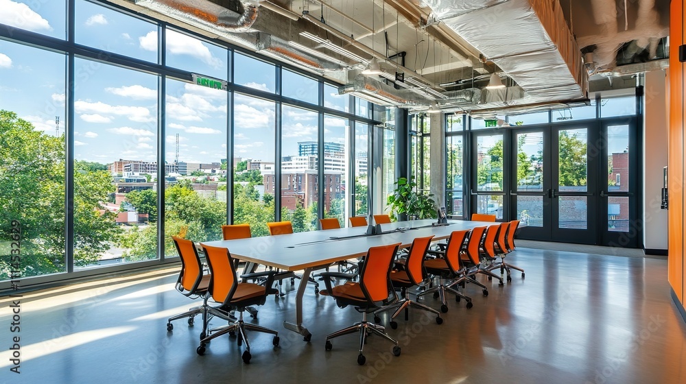 Poster a dynamic meeting space with collaborative tools, large windows, and an open atmosphere