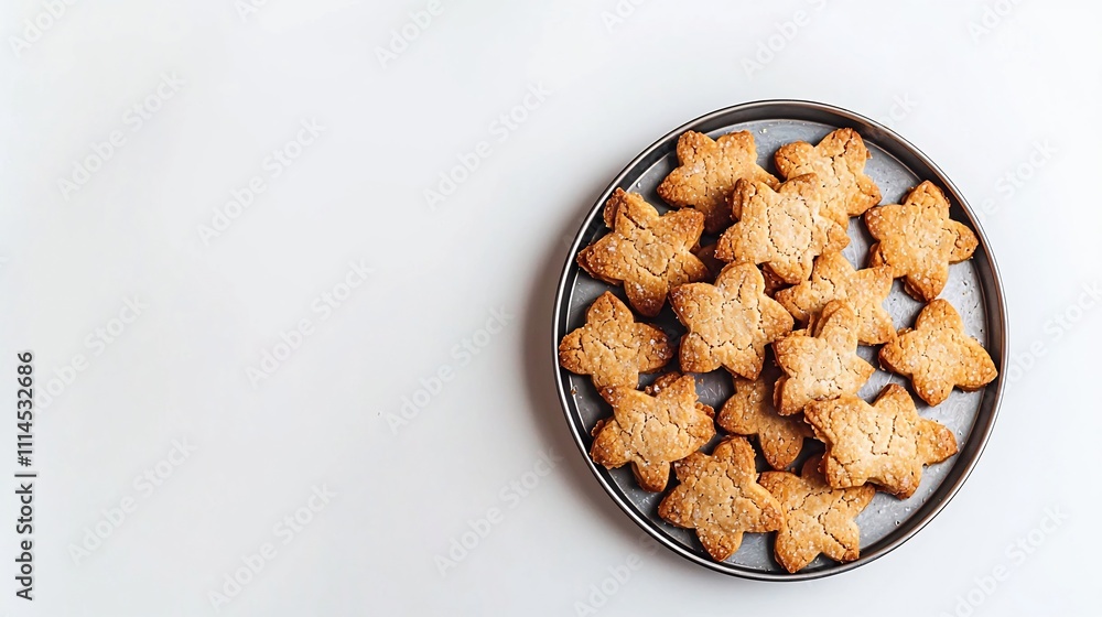 Poster closeup of crisp golden shortbread cookies in festive shapes displayed on a minimalist round metal t