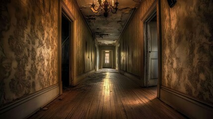 Fototapeta premium Long dark corridor of an abandoned haunted house with peeling wallpaper and creaking wooden floors background AI generated image