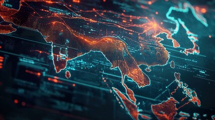 A dynamic outline map of Asia with animated elements depicting trade routes and connections.