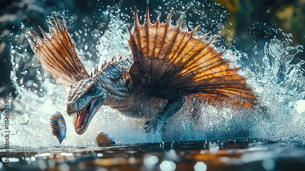 Poster a dynamic image of a spinosaurus splashing in water while hunting for fish.