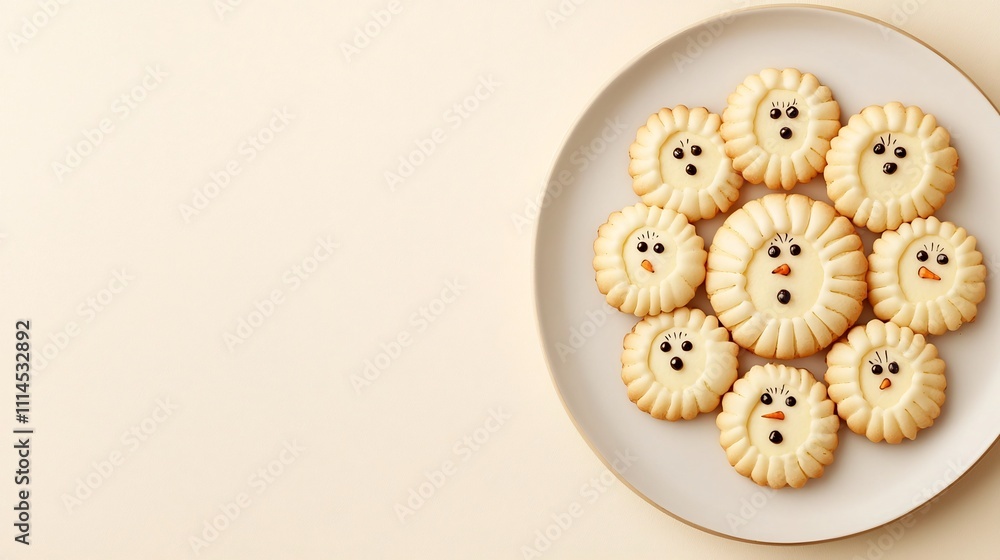 Poster elegant minimalist arrangement of round butter cookies decorated with snowman faces placed symmetric