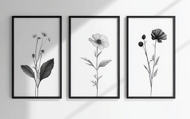 Three vertical black-and-white flower illustrations, framed and hanging on a white wall. The minimalist vector designs are highly detailed