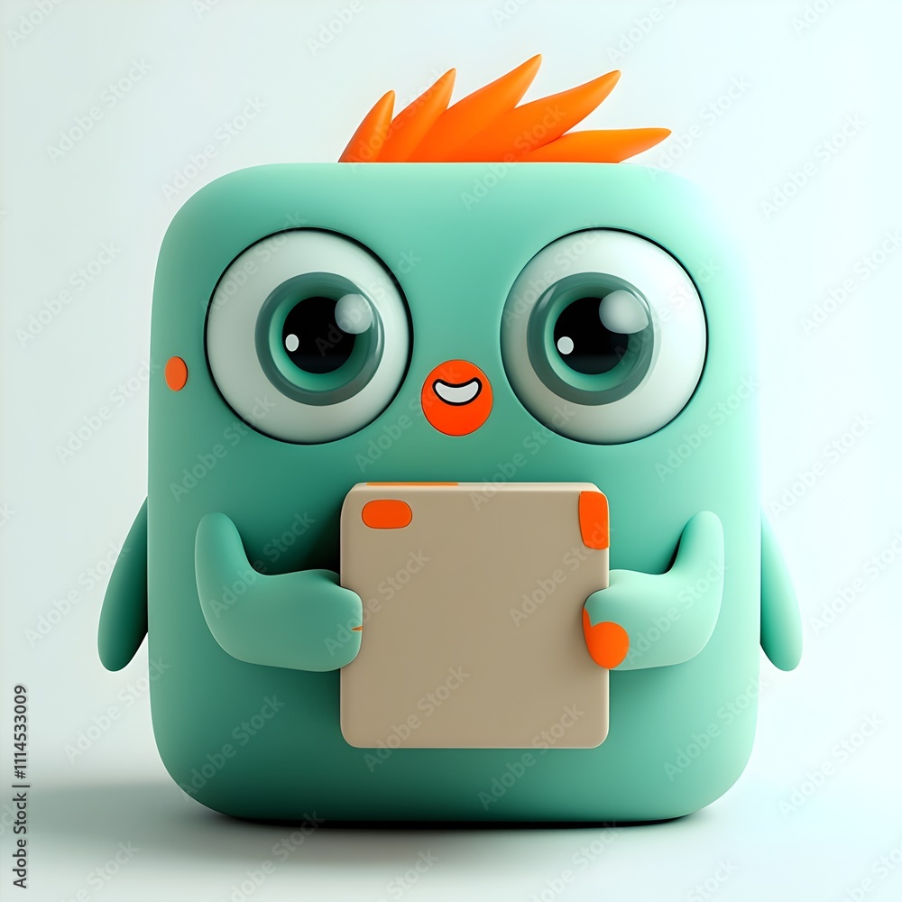 Poster whimsical and expressive 3d rendered animated entity grasping a simple square cardboard container