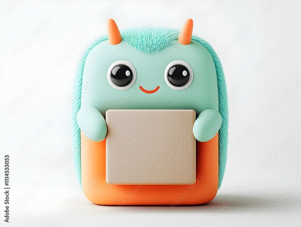 Poster charming 3d rendered animated entity tightly gripping a simple square cardboard container with whims