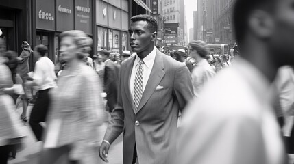 A black and white photograph of an wealthy man walking through crowd, blurred motion,