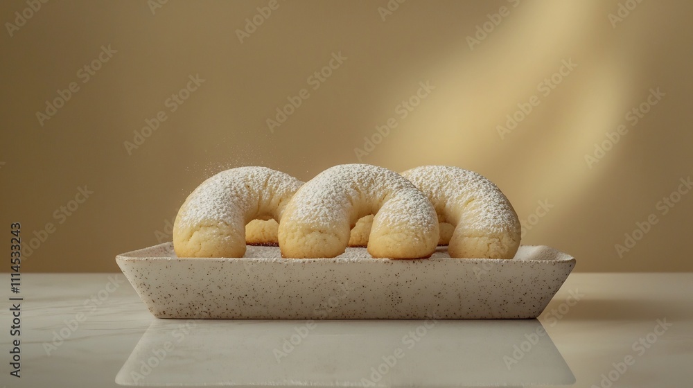 Poster elegant crescent shaped vanilla cookies lightly dusted with powdered sugar beautifully displayed on 