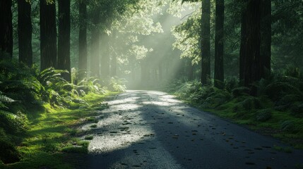 Obraz premium A quiet asphalt road that passes through a calm green forest, sunlight filtering through the trees, background wallpaper AI generated image