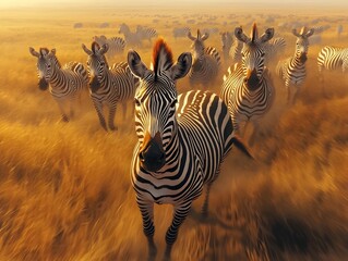 A majestic herd of zebras roaming through a sun drenched savanna their distinctive black and white stripes casting mesmerizing shadows on the lush golden grass