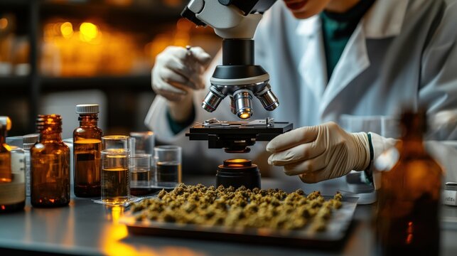 Scientist Analyzing Cannabis Under Microscope