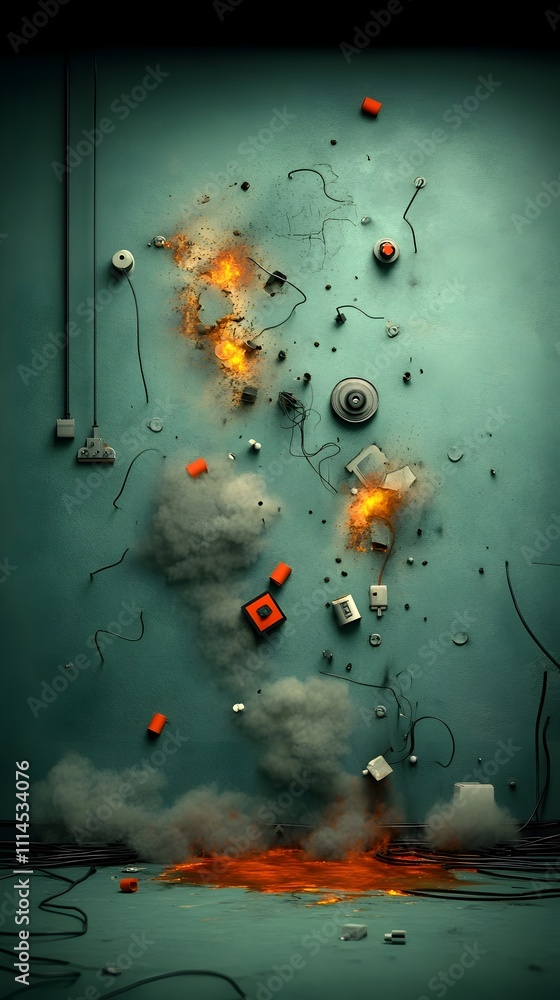 Aufkleber the remnants of a laboratory explosion scorched walls a tangled mess of wires and conduits pools of 
