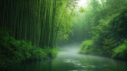 Obraz premium A tranquil bamboo forest shrouded in morning mist, with a calm river winding through it background wallpaper AI generated image