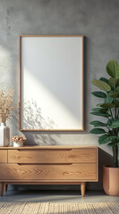 modern minimalist room setting with wooden dresser empty frame