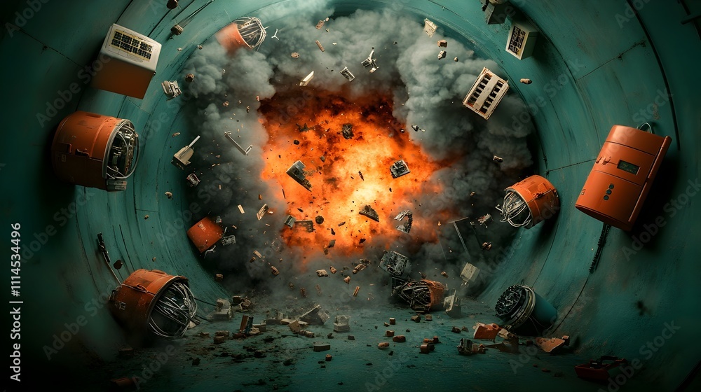 Poster aftermath of a devastating explosion that ripped through a covert high tech underground research lab