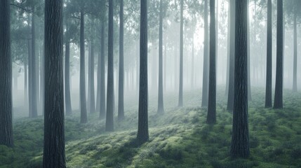 Obraz premium A misty pine forest where the entire ground is covered with a thick layer of green moss, background wallpaper AI generated image