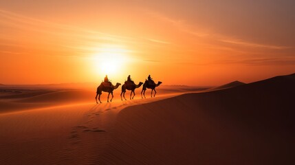 Three camels traverse a sandy desert under a vibrant sunset, creating a serene and picturesque scene of tranquility and adventure.